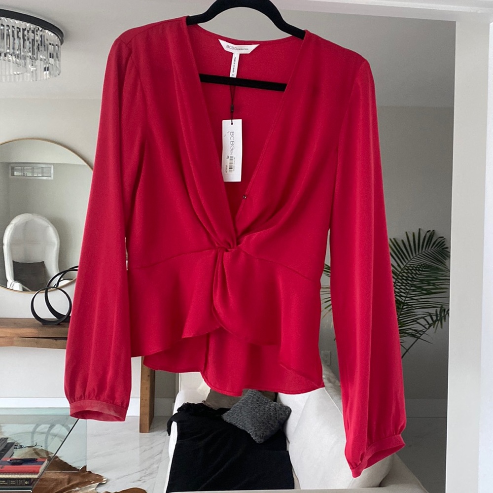 Bcbg red long sleeve deep v blouse